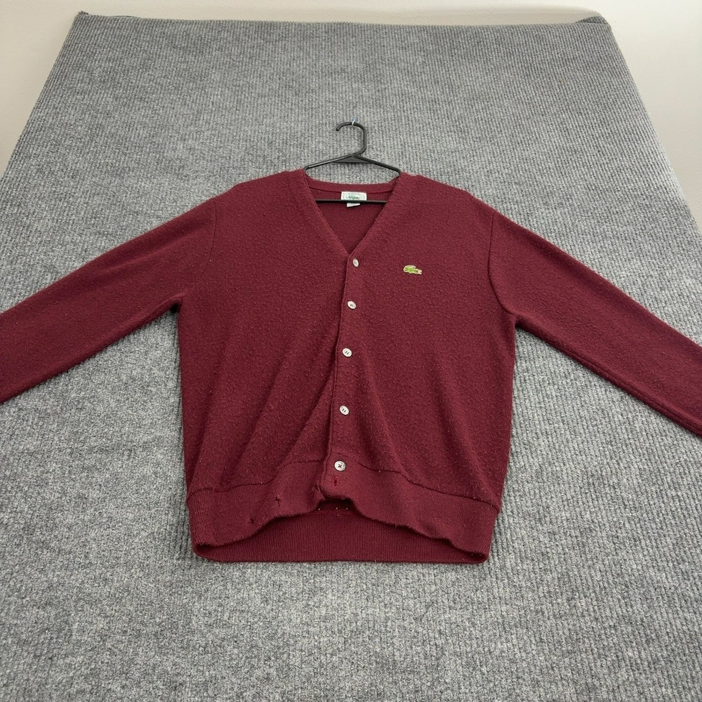 Vintage Izod Lacoste Cardigan Mens M Burgundy Acrylic V Neck Button Up Preppy‎